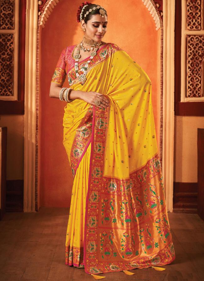 Banarasi Silk Yellow Wedding Wear Weaving Saree